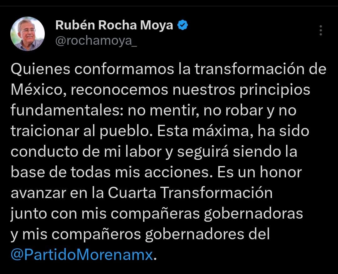 Rocha Moya se apega a principios de Morena, «conducto de mi labor»