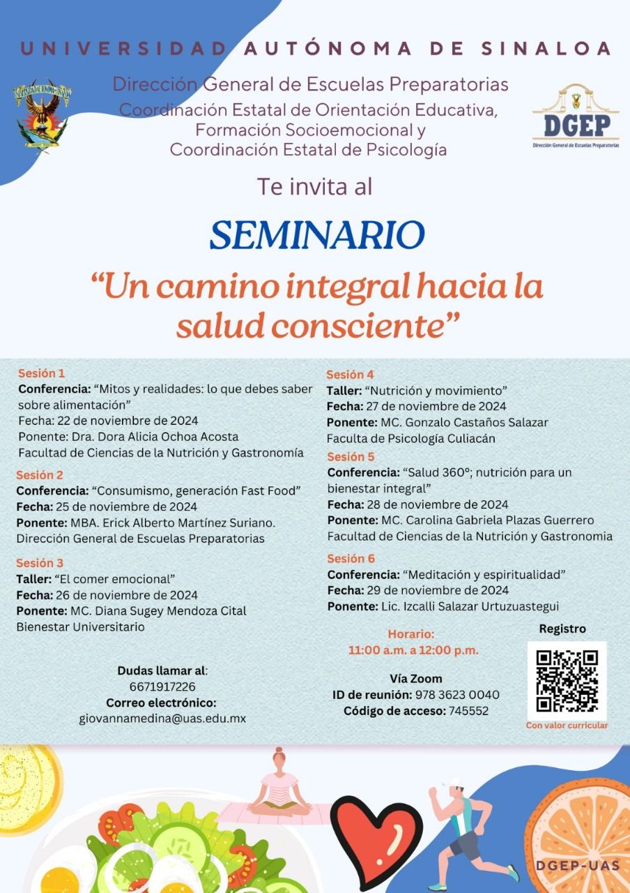 Para el desarrollo de los alumnos, la UAS invita a docentes de Bachillerato a participar en el Seminario “Un camino integral hacia la salud consciente”.