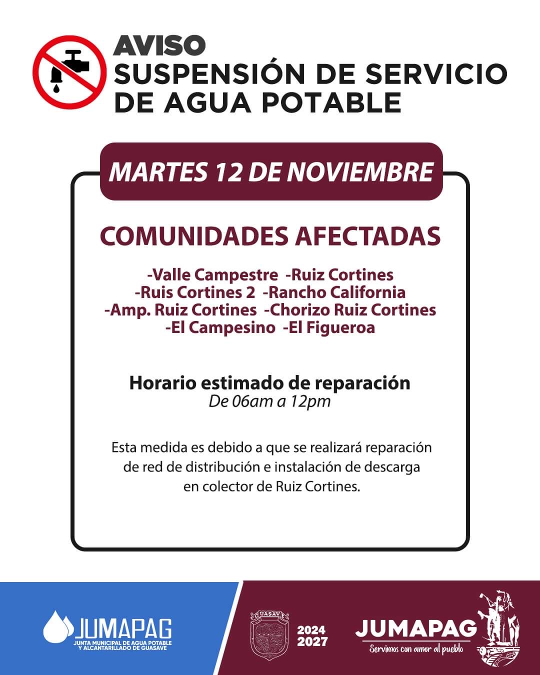 ¡Tome sus precauciones! Jumapag anuncia suspensión de agua potable este martes para 8 comunidades.